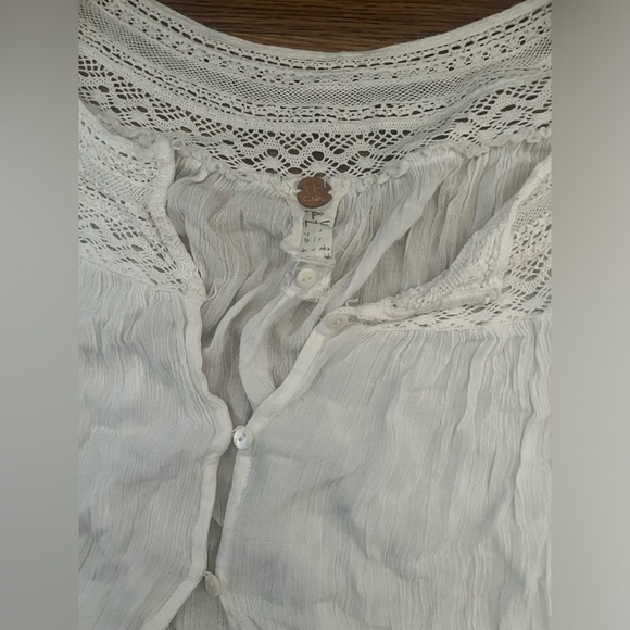 FP one lace trim eyelet frayed distressed gauze sheer button blouse xs/s boho - Picture 4 of 11